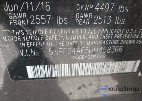 2017 Hyundai Sonata Se z USA, uszkodzony, nr VIN 5NPE24AF5HH458366